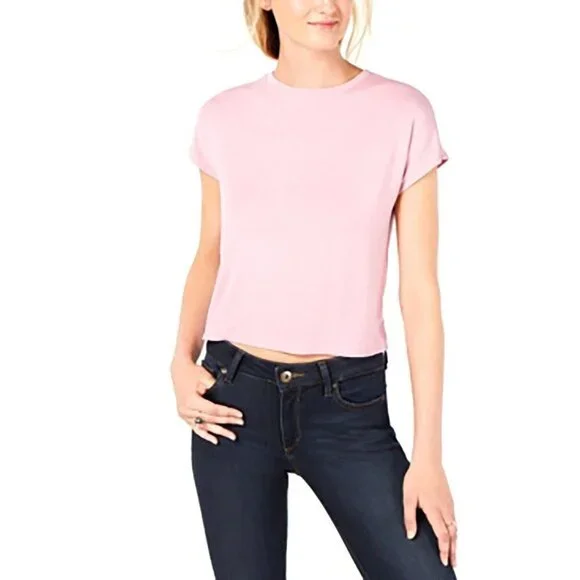 NWT Bar III Crew-Neck Cropped Top Short Sleeve Pink Size XS - Picture 1 of 8